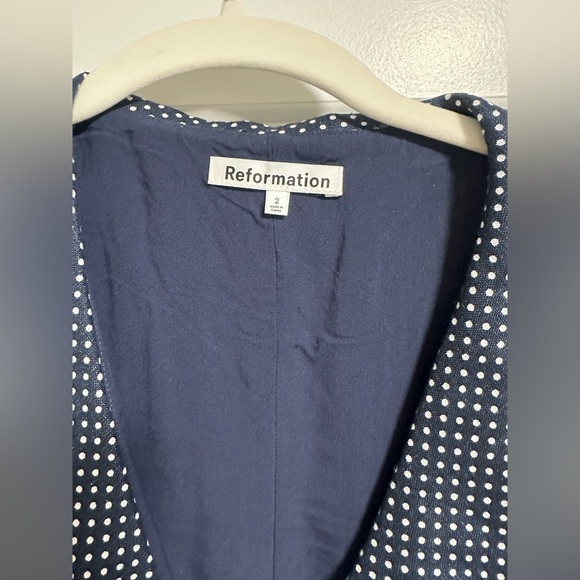 Reformation Soraya Linen Dress Raindrops Polka Dot Navy Blue White - Picture 4 of 4